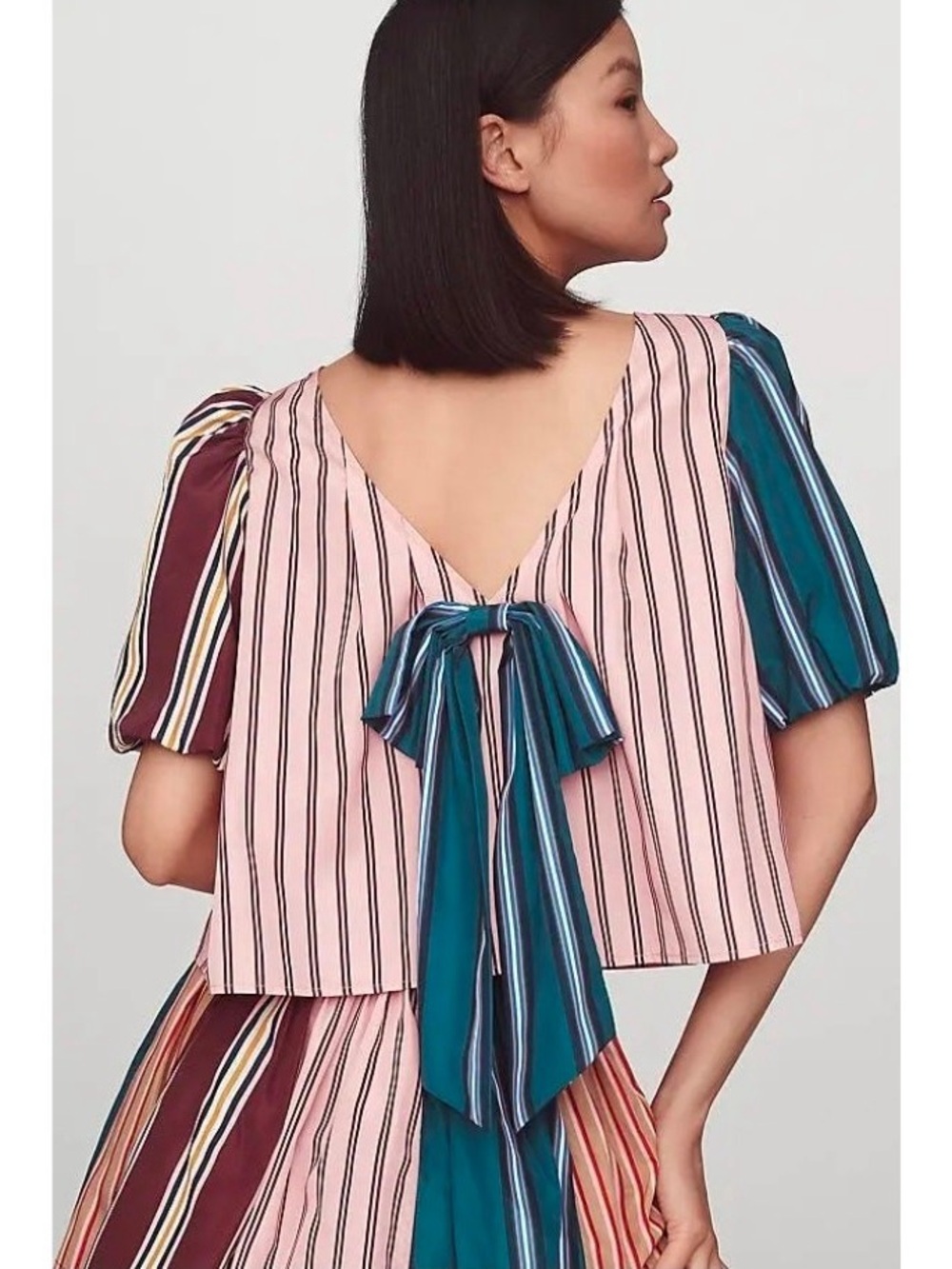 Maeve Pink Striped Bow-Back Top with Teal & Maroon Puff Sleeves